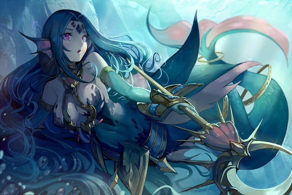 animal_ears bangs blue_gloves blue_hair breasts elbow_gloves facial_mark fins forehead_mark gloves head_fins holding holding_staff jewelry large_breasts long_hair mermaid monster_girl parted_bangs parted_lips pink_eyes solo staff swimming underwater very_long_hair walzrj