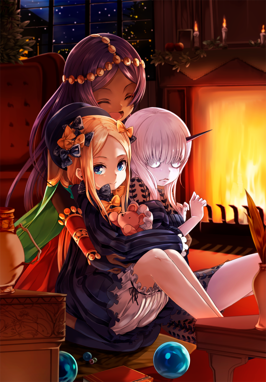 :d ^_^ abigail_williams_(fate/grand_order) armchair black_bow black_dress black_hat blonde_hair bloomers blue_eyes bow candle chair closed_eyes closed_mouth dark_skin dress fate/grand_order fate_(series) fire fireplace hair_bow hat highres hopper horn hug hug_from_behind indoors lavinia_whateley_(fate/grand_order) long_hair long_sleeves looking_at_viewer md5_mismatch multiple_girls night night_sky object_hug open_mouth orange_bow pale_skin parted_lips pink_eyes polka_dot polka_dot_bow purple_hair queen_of_sheba_(fate/grand_order) silver_hair sitting sky sleeves_past_wrists smile star_(sky) starry_sky stuffed_animal stuffed_toy teddy_bear underwear vase very_long_hair white_bloomers wide-eyed window
