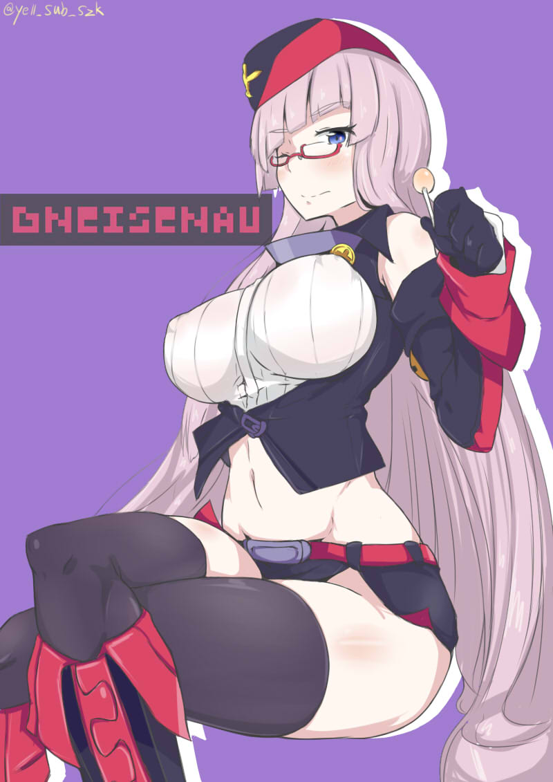 ;) asymmetrical_bangs azur_lane bangs bare_shoulders belt black_footwear black_gloves black_hat black_legwear black_shorts black_vest blue_eyes blunt_bangs blush boots breasts candy character_name closed_mouth covered_nipples crop_top crossed_legs elbow_gloves eyebrows eyebrows_visible_through_hair eyelashes food garrison_cap glasses gloves gneisenau_(azur_lane) groin hat holding holding_lollipop large_breasts lollipop long_hair looking_at_viewer multicolored multicolored_clothes multicolored_footwear multicolored_hat navel one_eye_closed open_clothes open_vest pink_footwear pink_hair pink_hat purple_background red-framed_eyewear red_belt semi-rimless_eyewear shirt short_shorts shorts side_slit silhouette simple_background sitting sleeveless sleeveless_shirt smile solo stomach striped suzukee text_focus thighhighs twitter_username under-rim_eyewear vertical_stripes very_long_hair vest white_shirt