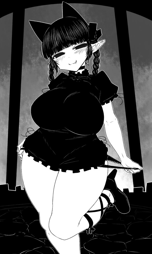 :3 animal_ears bangs blunt_bangs blush braid breasts cat_ears commentary_request curvy dress extra_ears fang greyscale haseru_(ginku_mh) high_heels kaenbyou_rin large_breasts monochrome naughty_face panties panty_pull plump pointy_ears puffy_short_sleeves puffy_sleeves seductive_smile short_dress short_sleeves smile solo thick_thighs thighs touhou twin_braids underwear wide_hips