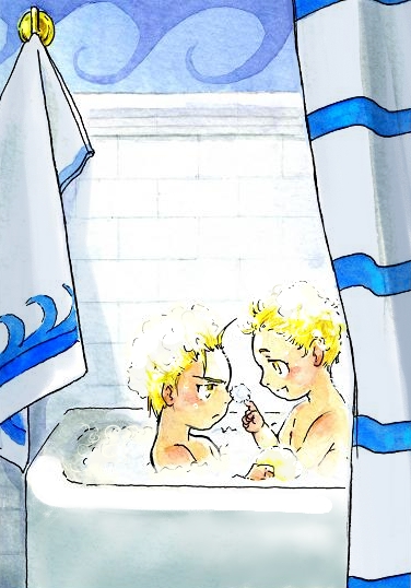 alphonse_elric bath bathing blonde_hair brothers bubble curtains edward_elric fullmetal_alchemist looking_at_another male_focus multiple_boys open_mouth serious siblings smile towel urikurage yellow_eyes