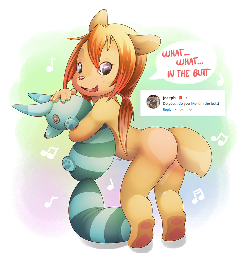 abstract_background anthro b-ern brown_fur butt chibi cub dancing english_text female fur hair mammal nude open_mouth orange_hair plushie rocketgirl rodent signature simple_background solo speech_bubble squirrel text young