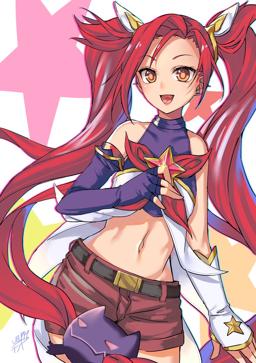 1girl alternate_costume alternate_hair_color alternate_hairstyle bare_shoulders belt black_gloves black_legwear earrings elbow_gloves fingerless_gloves gloves hair_ornament hort_shorts jewelry jinx_(league_of_legends) league_of_legends long_hair magical_girl red_bow red_bowtie red_eyes red_hair shorts star_guardian_jinx thighhighs tied_hair twintails very_long_hair