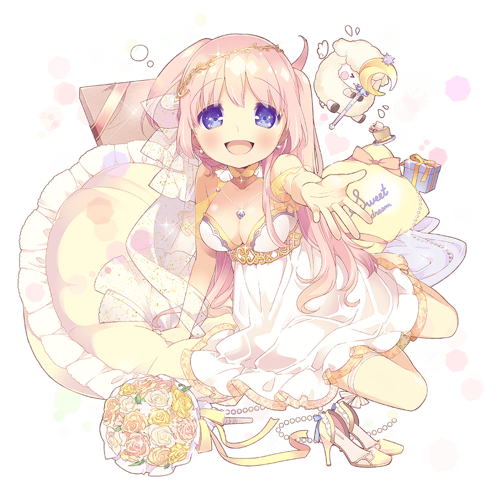 arm_support artist_request bare_shoulders barefoot beads blue_eyes blush bouquet box breasts cleavage collarbone crescent_moon dress earrings eyebrows_visible_through_hair flower gift gift_box gold_trim high_heels jewelry long_hair looking_at_viewer medium_breasts moon official_art one_side_up open_mouth outstretched_hand pillow pink_flower pink_hair pink_rose ribbon rose scepter shawl sheep shoes_removed solo thigh_ribbon transparent_background uchi_no_hime-sama_ga_ichiban_kawaii veil white_dress white_flower white_rose yellow_flower yellow_footwear yellow_rose