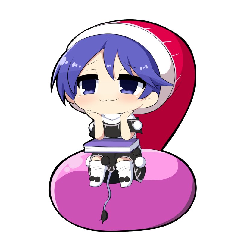 :3 blob blue_eyes blue_hair book boots chibi commentary_request doremy_sweet dress eyebrows_visible_through_hair hands_on_own_face hat nightcap pom_pom_(clothes) short_sleeves simple_background sitting solo tail tapir_tail touhou twumi white_background