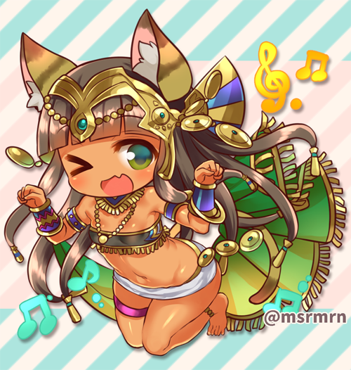 &gt;_o ;d animal_ears anklet bandeau bangs bare_shoulders barefoot bastet_(p&amp;d) beamed_eighth_notes blunt_bangs blush bracelet brown_hair cat_ears cat_girl cat_tail commentary_request dark_skin diagonal-striped_background diagonal_stripes egyptian eyebrows_visible_through_hair fang full_body green_eyes jewelry long_hair looking_at_viewer marshmallow_mille midriff musical_note navel one_eye_closed open_mouth paw_pose puzzle_&amp;_dragons skirt smile solo striped striped_background tail treble_clef twitter_username very_long_hair white_skirt