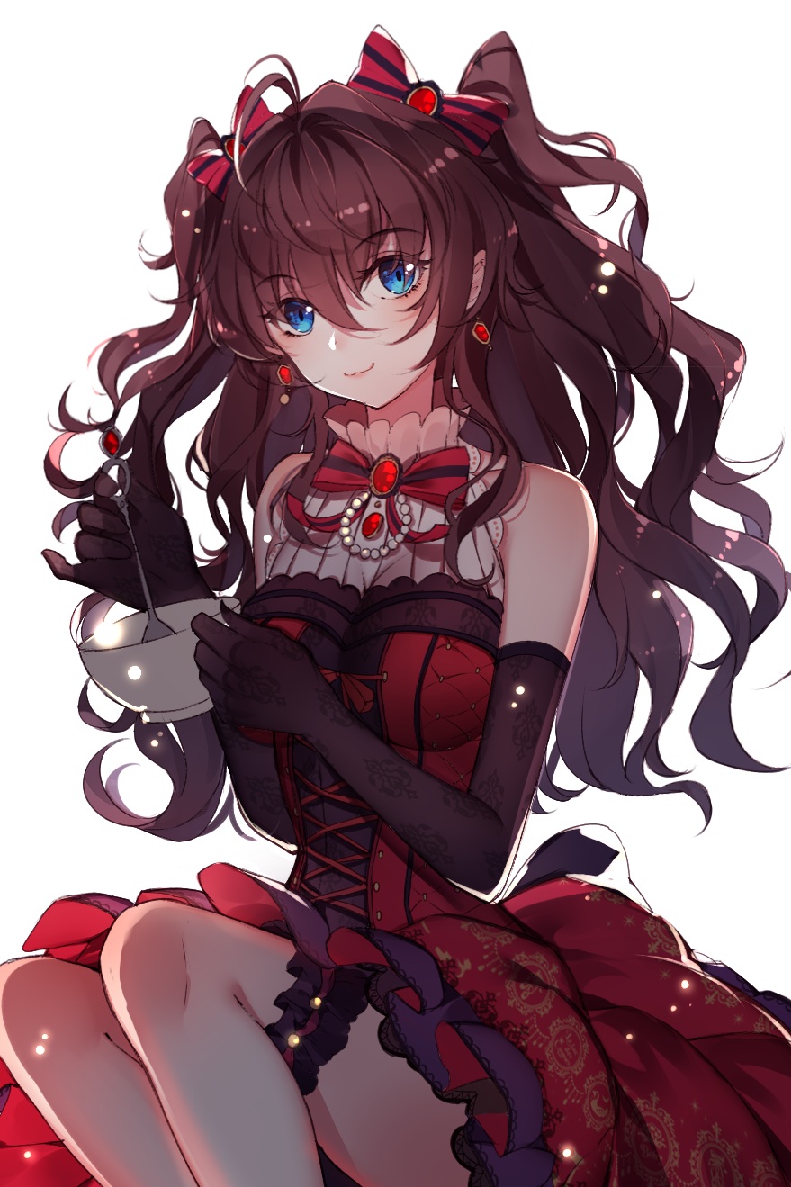 ahoge bad_id bad_pixiv_id baocaizi black_gloves blue_eyes breasts brown_hair cleavage commentary_request earrings elbow_gloves gloves hair_between_eyes highres ichinose_shiki idolmaster idolmaster_cinderella_girls idolmaster_cinderella_girls_starlight_stage jewelry long_hair looking_at_viewer medium_breasts off_shoulder smile solo two_side_up wavy_hair