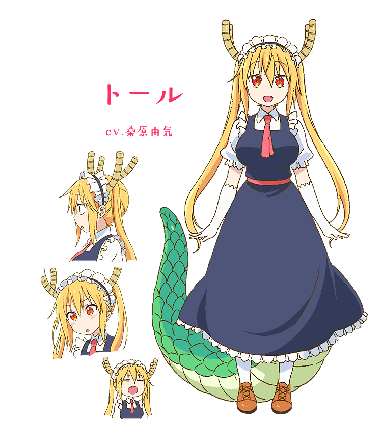 10s 1girl :d :o blonde_hair breasts character_sheet dragon_girl dragon_tail dress dress_lift female full_body gloves gradient_hair horns kobayashi-san_chi_no_maidragon large_breasts long_hair maid maid_headdress multiple_views necktie official_art open_mouth puffy_short_sleeves puffy_sleeves short_sleeves slit_pupils smile solo tail tooru_(maidragon) twintails very_long_hair white_gloves