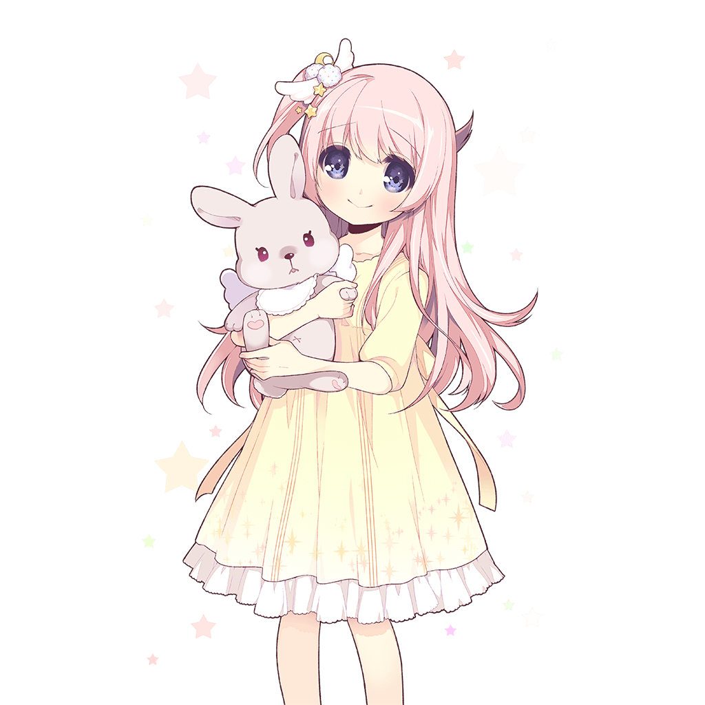 artist_request blue_eyes eyebrows_visible_through_hair hair_ornament holding holding_stuffed_animal long_hair looking_at_viewer nightgown official_art one_side_up pink_hair sleeves_past_wrists smile solo stuffed_animal stuffed_bunny stuffed_toy transparent_background uchi_no_hime-sama_ga_ichiban_kawaii younger