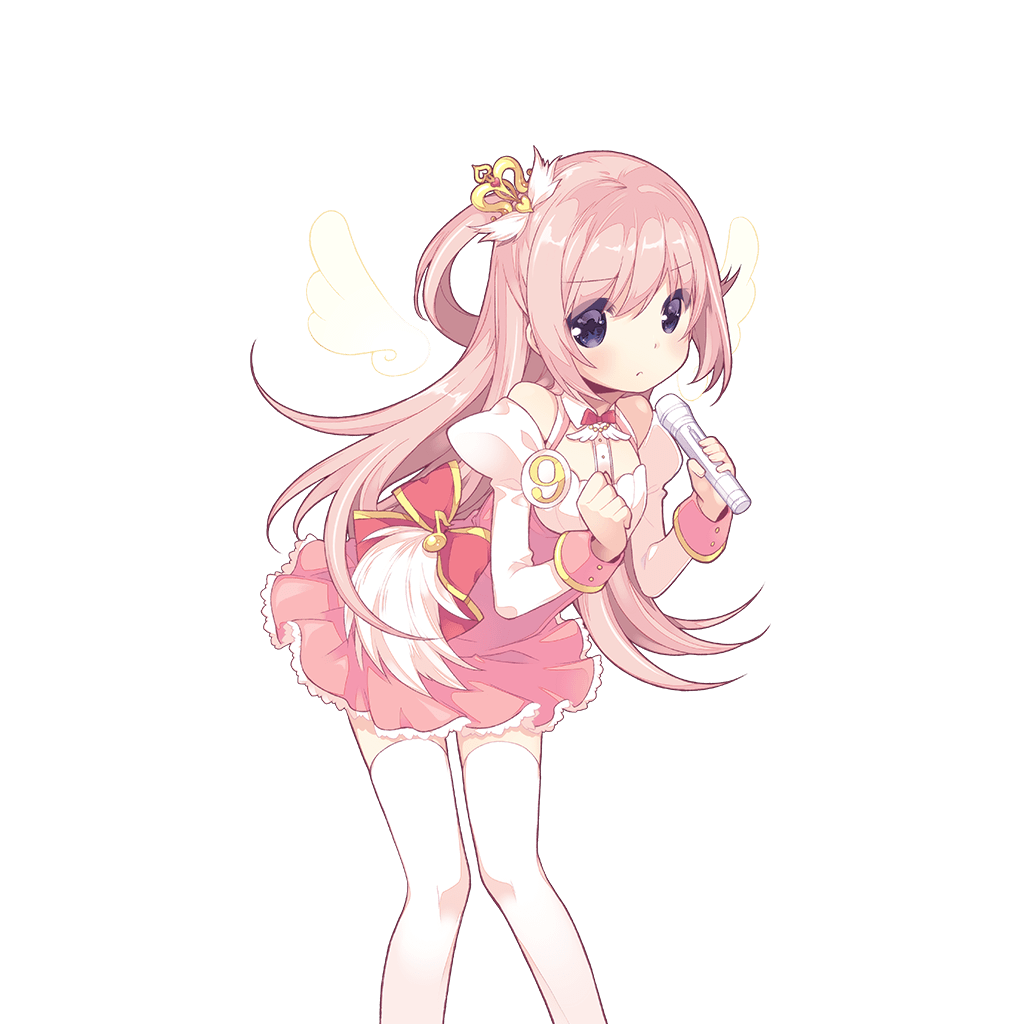 artist_request badge blue_eyes clenched_hand detached_wings dress eyebrows_visible_through_hair hair_ornament holding holding_microphone juliet_sleeves long_hair long_sleeves microphone numbered official_art one_side_up pink pink_hair puffy_sleeves skirt solo thighhighs transparent_background uchi_no_hime-sama_ga_ichiban_kawaii white_legwear wings