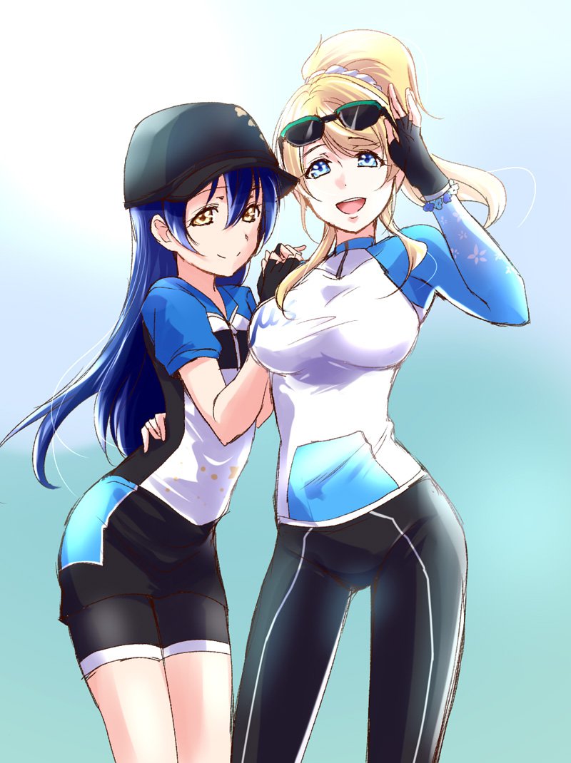 ayase_eli bangs bike_shorts black_gloves blonde_hair blue_eyes blue_hair blush breasts commentary_request eyewear_on_head fingerless_gloves glasses gloves hair_between_eyes hand_on_another's_hip hands_on_another's_shoulders hat large_breasts long_hair looking_at_viewer love_live! love_live!_school_idol_festival love_live!_school_idol_project multiple_girls open_mouth ponytail rash_guard shorts shorts_under_skirt simple_background smile sonoda_umi sunglasses urutsu_sahari yellow_eyes