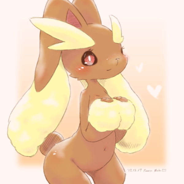 1girl animal_ears artist_name beige_background blush bunny_ears bunny_tail dated female furry furuya_muku hands_together hands_up happy jpeg_artifacts looking_at_viewer lopunny navel no_humans pokemon pokemon_(creature) pokemon_dppt red_sclera simple_background smile solo tail text white_eyes