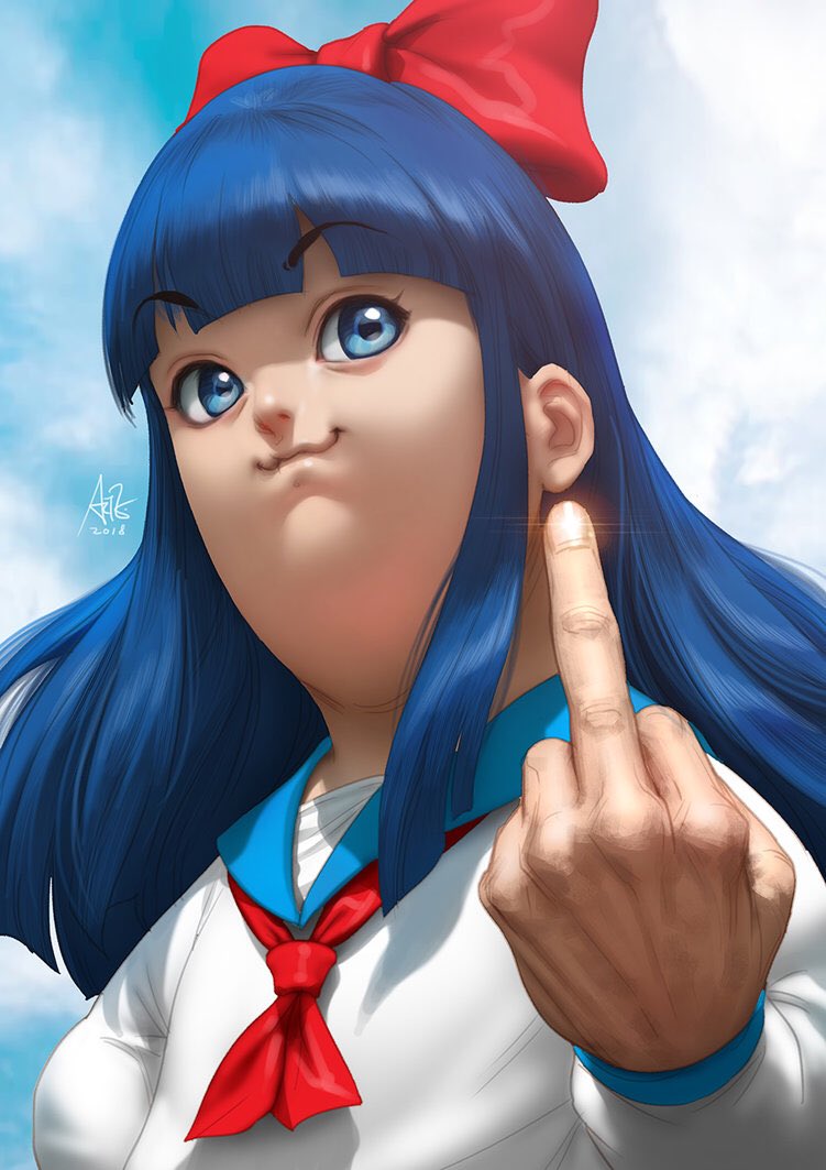 :3 bangs blue_eyes blue_hair blunt_bangs bow commentary day eyebrows_visible_through_hair hair_bow long_hair looking_at_viewer middle_finger outdoors pipimi poptepipic school_uniform serafuku signature sky solo stanley_lau upper_body