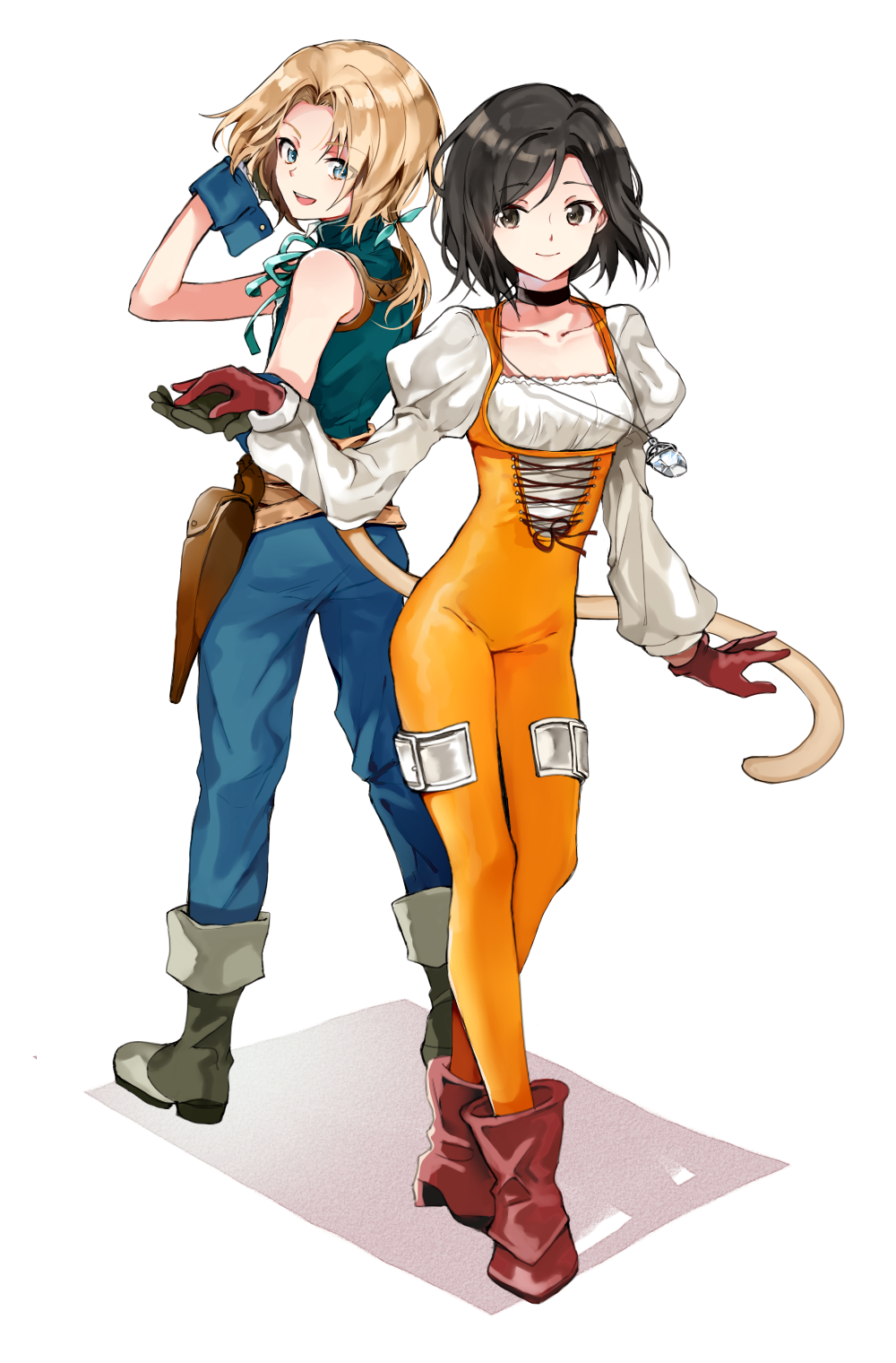 1girl black_hair boots commentary_request final_fantasy final_fantasy_ix garnet_til_alexandros_xvii gloves highres holding_hands looking_at_viewer ponytail retto short_hair simple_background smile tail white_background zidane_tribal
