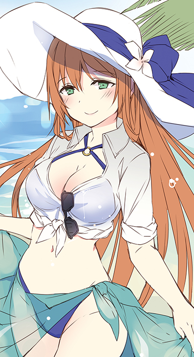 bangs bikini blue_bikini blue_bow blush bow breasts brown_hair cleavage closed_mouth crop_top day eyebrows_visible_through_hair eyewear_hang eyewear_removed flower front-tie_top girls_frontline green_eyes hair_between_eyes hat hat_bow jin_young-in large_breasts long_hair m1903_springfield_(girls_frontline) midriff navel o-ring o-ring_bikini o-ring_top outdoors sarong shirt sleeves_rolled_up smile solo sun_hat sunglasses swimsuit tied_shirt very_long_hair water white_flower white_hat white_shirt