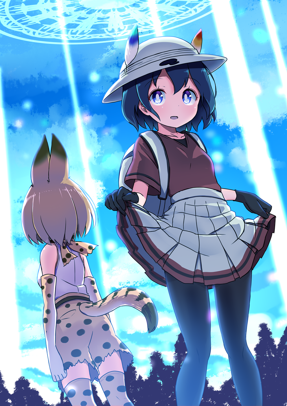adapted_costume alternate_bottom_wear animal_ears backpack bag black_gloves black_legwear blonde_hair blue_eyes blue_hair commentary_request elbow_gloves gloves hat hat_feather helmet highres kaban_(kemono_friends) kemono_friends light_beam looking_at_viewer looking_away multiple_girls pantyhose parted_lips pith_helmet pleated_skirt print_gloves print_legwear print_shorts red_shirt serval_(kemono_friends) serval_ears serval_print serval_tail shipii_(jigglypuff) shirt short_hair short_sleeves shorts skirt skirt_hold sleeveless sleeveless_shirt tail thighhighs white_hat white_shirt