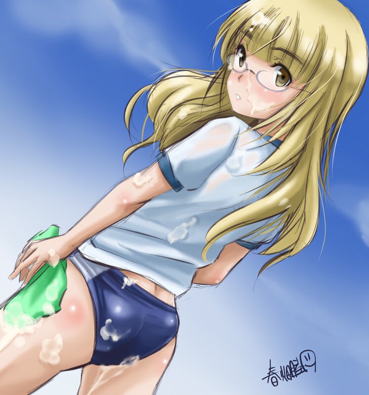 artist_name ass bangs blonde_hair blue_background blue_buruma blue_sky blunt_bangs blush buruma cloud commentary_request cowboy_shot day dutch_angle from_behind glasses gradient gradient_background gym_uniform haruhata_mutsuki long_hair looking_at_viewer looking_back parted_lips perrine_h_clostermann purple-framed_eyewear shirt signature sky soap_bubbles solo standing strike_witches white_shirt world_witches_series yellow_eyes