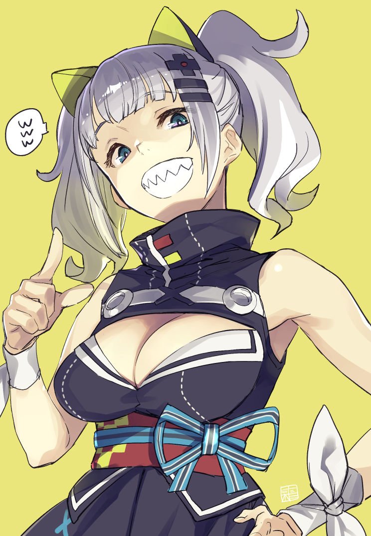 bare_arms breasts cleavage cleavage_cutout dress hair_ornament hairclip half-closed_eyes kaguya_luna kaguya_luna_(character) large_breasts looking_at_viewer ribbon sash sharp_teeth shimotsuki_eight silver_hair simple_background sleeveless sleeveless_dress smile solo teeth twintails upper_body virtual_youtuber yellow_background