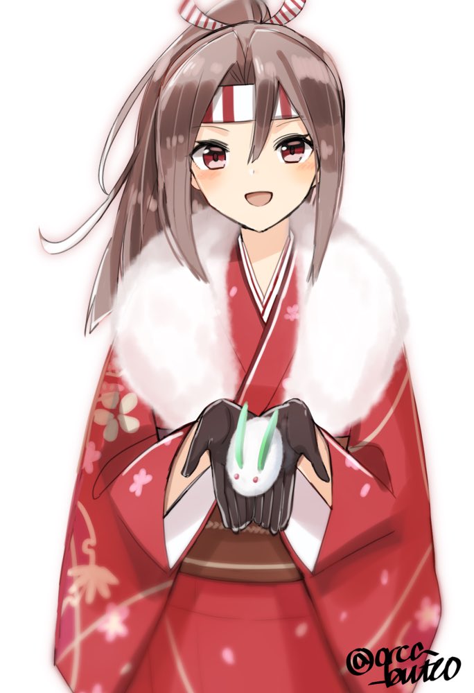 black_gloves brown_eyes brown_hair cowboy_shot floral_print furisode gloves high_ponytail japanese_clothes kantai_collection kimono long_hair looking_at_viewer open_mouth red_kimono simple_background smile snow_bunny solo twitter_username white_background yamashiki_(orca_buteo) zuihou_(kantai_collection)