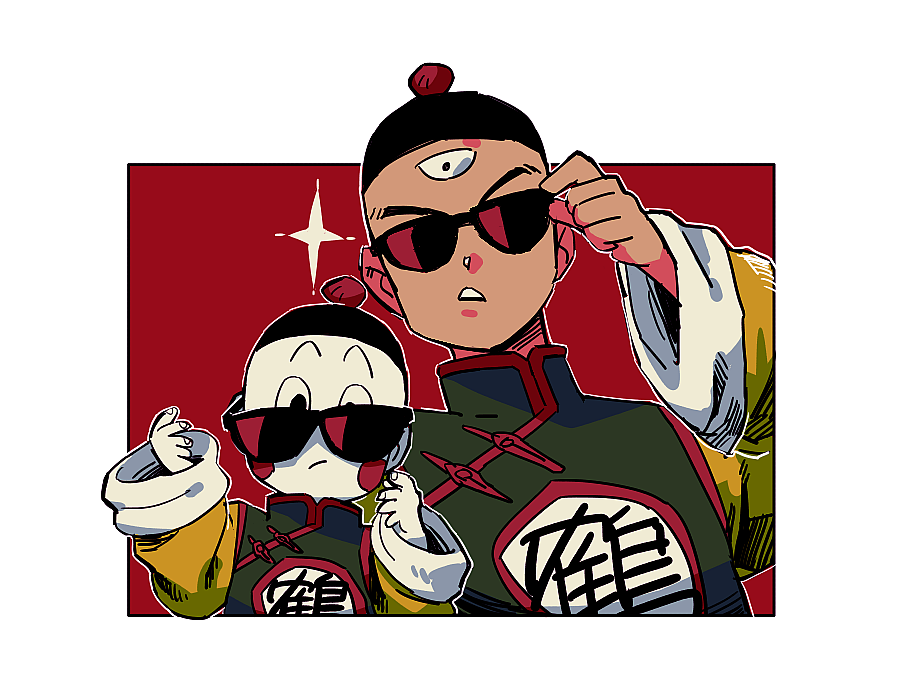 black_eyes blush_stickers chaozu chinese_clothes dragon_ball dragon_ball_super expressionless frown goro_(szyk7834) hat long_sleeves looking_at_viewer male_focus multiple_boys pale_skin red_background simple_background sparkle sunglasses tenshinhan third_eye white_background