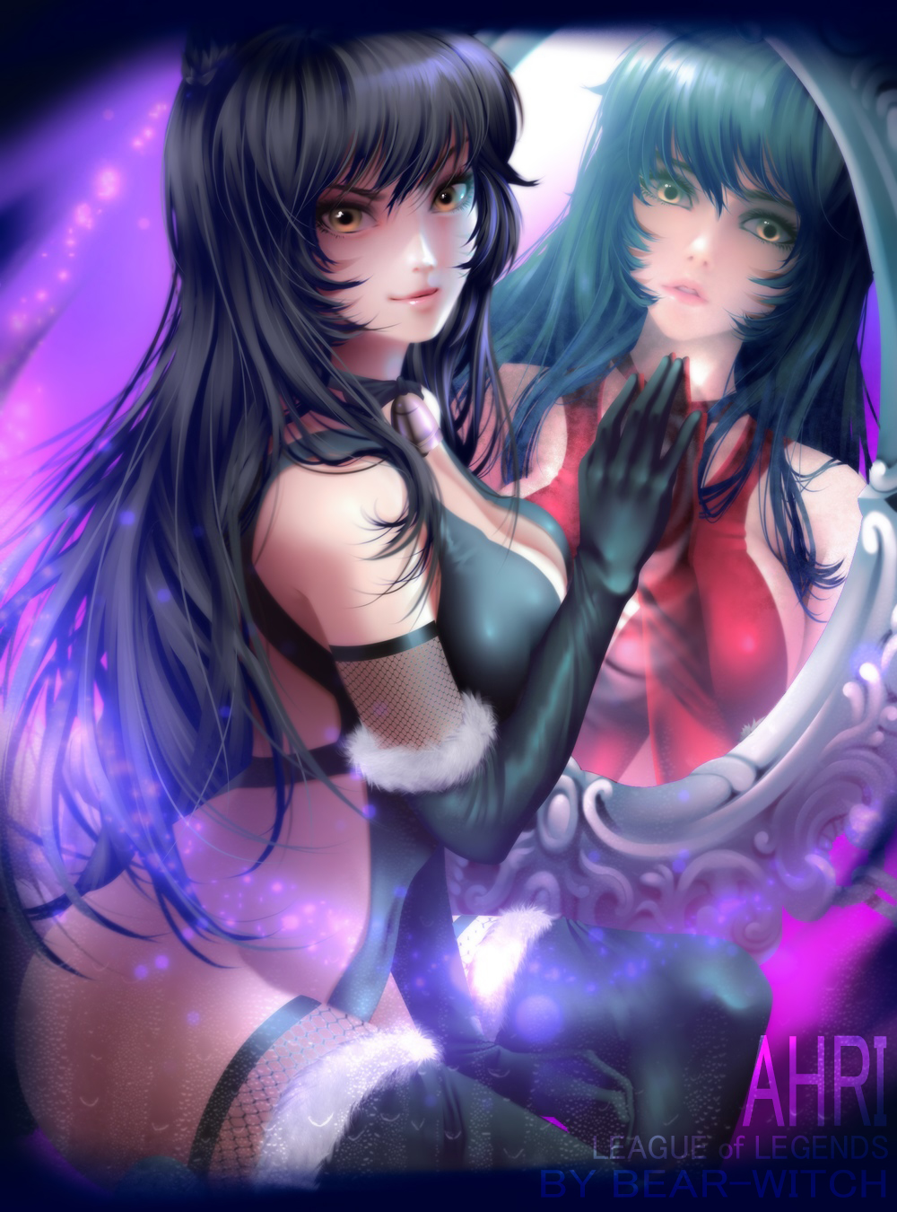 ahri ass bare_shoulders bearwitch black_gloves black_hair black_legwear breasts christmas cleavage commentary dark_persona dress elbow_gloves facial_mark fishnets gloves hair_between_eyes highres large_breasts league_of_legends lips long_hair looking_at_viewer magic mirror multiple_girls navel red_dress sideboob sitting thighhighs trapped very_long_hair whisker_markings yellow_eyes