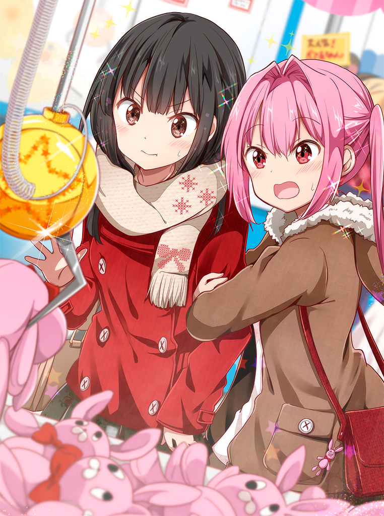 :t arcade arm_hug bag bag_charm bangs beige_scarf black_hair black_skirt blurry blurry_background blush brown_coat brown_eyes charm_(object) chijou_noko chikanoko closed_mouth coat commentary_request crane_game depth_of_field dutch_angle enpera eyebrows_visible_through_hair fringe_trim fur-trimmed_coat fur-trimmed_hood fur_trim hair_between_eyes hair_intakes handbag hood hood_down hooded_coat indoors long_hair long_sleeves multiple_girls open_clothes open_coat open_mouth pink_hair pleated_skirt pocket ragho_no_erika red_coat red_eyes scarf shirt shoulder_bag skirt sparkle stuffed_animal stuffed_bunny stuffed_toy sweat tsugou_makina twintails very_long_hair white_shirt