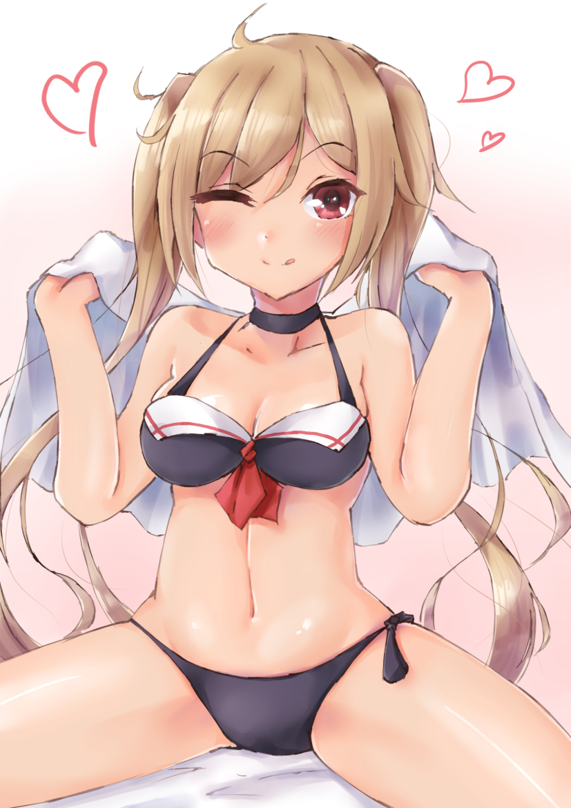 ;d asake_ameji bikini black_bikini breasts cleavage collar collarbone heart kantai_collection light_brown_hair medium_breasts murasame_(kantai_collection) navel one_eye_closed open_mouth pink_background red_eyes sitting smile solo spread_legs swimsuit towel twintails
