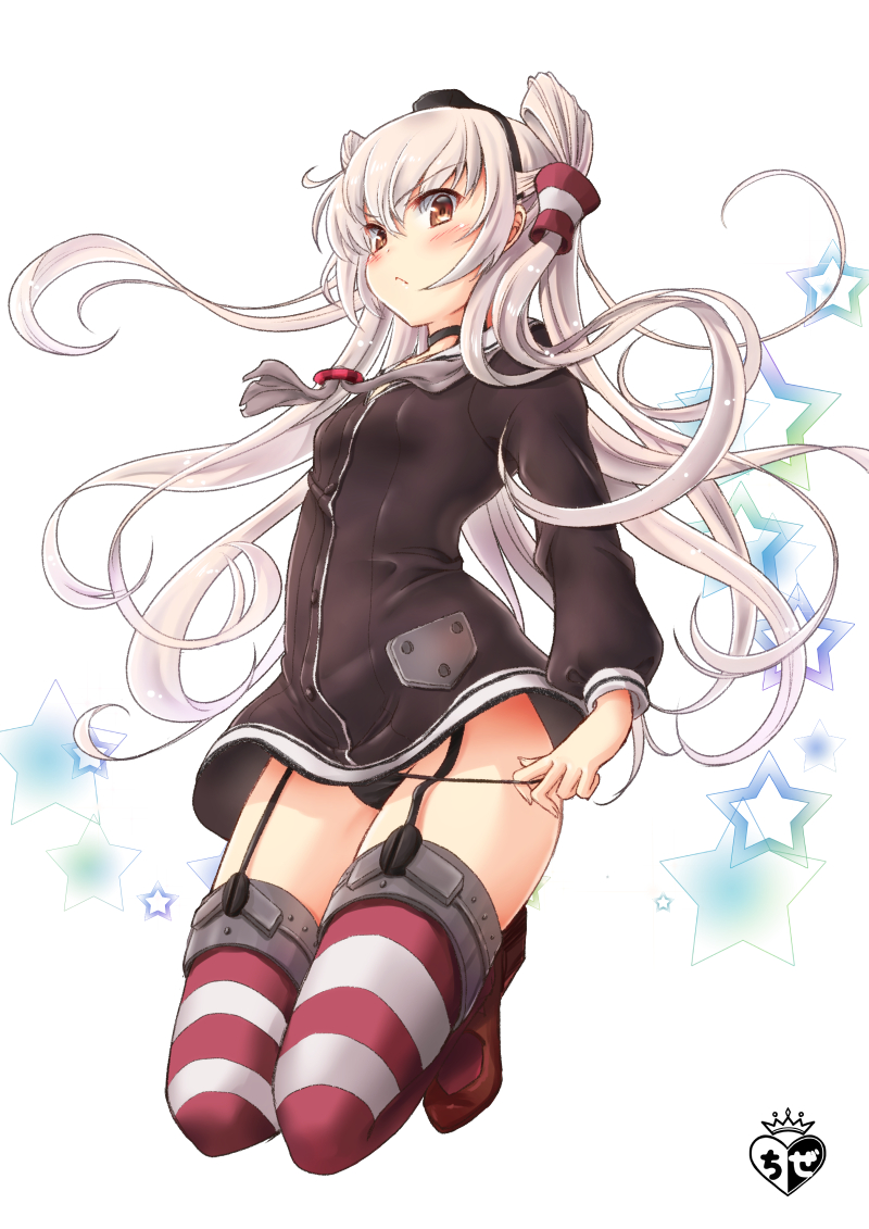 amatsukaze_(kantai_collection) black_panties brown_eyes chize choker commentary_request dress garter_straps hair_tubes hat kantai_collection long_hair mini_hat panties panty_pull red_legwear sailor_dress short_dress silver_hair solo striped striped_legwear two_side_up underwear windsock