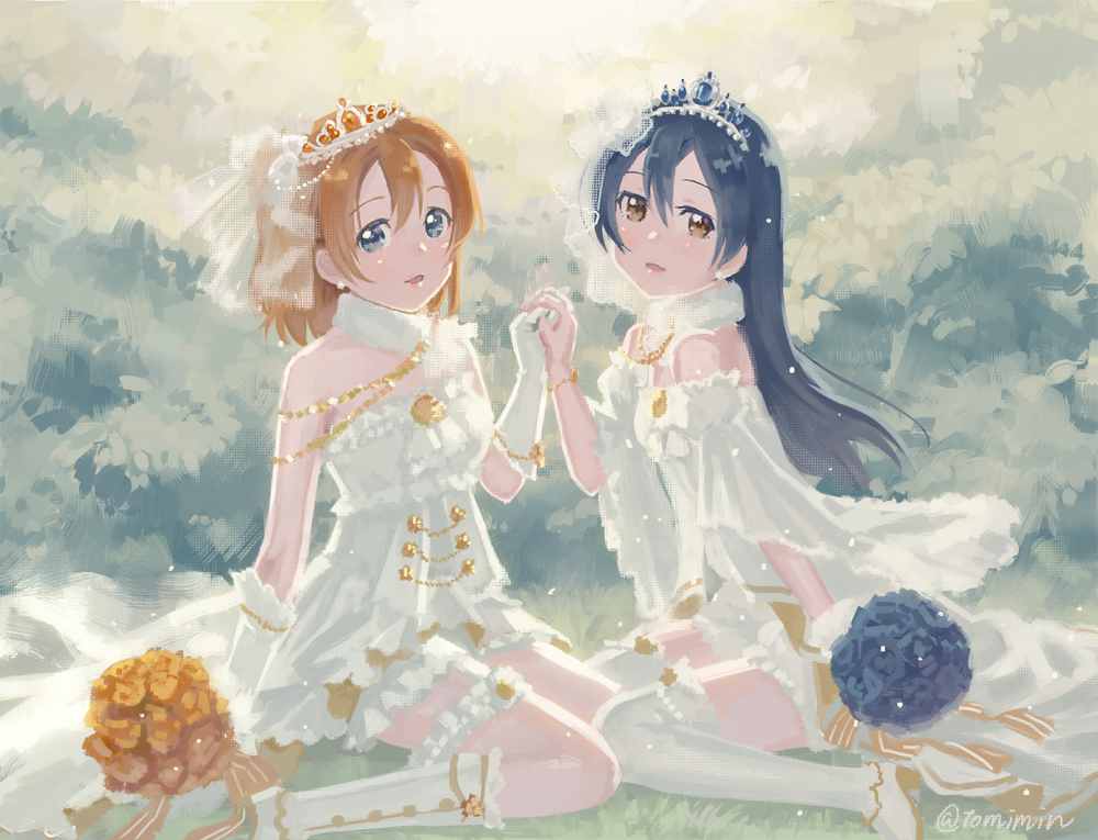 bangs bare_shoulders blue_hair bouquet bridal_veil bride commentary_request dress earrings flower gloves hair_between_eyes holding_hands interlocked_fingers jewelry kousaka_honoka long_hair looking_at_viewer love_live! love_live!_school_idol_festival love_live!_school_idol_project multiple_girls necklace open_mouth sitting smile sonoda_umi strapless thighhighs tiara tomiwo veil wariza wedding_dress white_gloves white_legwear yellow_eyes