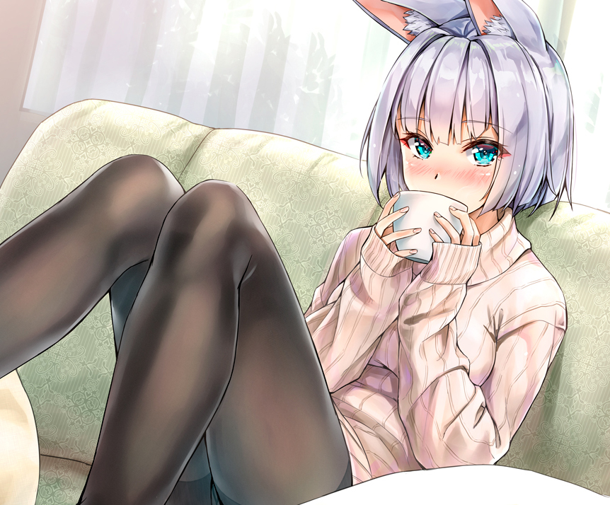 2hands1cup animal_ears aqua_eyes azur_lane blush commentary_request couch cup eyebrows_visible_through_hair gusset holding holding_cup indoors kaga_(azur_lane) kotatsu_(kotatsu358) looking_at_viewer makeup pantyhose ribbed_sweater short_hair sitting sleeves_past_wrists solo sweater teacup window