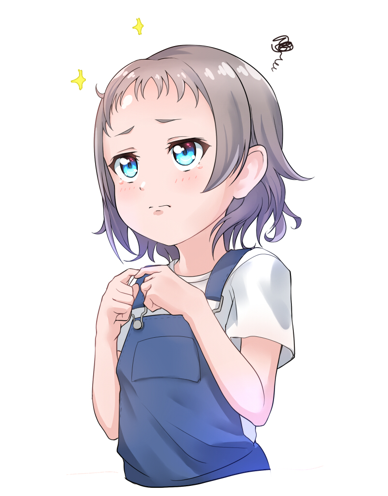 bangs blue_eyes fingers_together frown grey_hair kanabun love_live! love_live!_sunshine!! overalls short_hair short_sleeves simple_background solo sparkle squiggle tears upper_body watanabe_you white_background younger