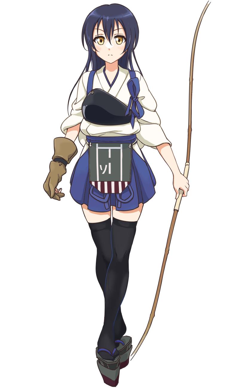 bangs black_legwear blue_hair bow_(weapon) closed_mouth commentary_request cosplay flight_deck full_body gloves hair_between_eyes hakama_skirt highres holding holding_weapon japanese_clothes kaga_(kantai_collection) kaga_(kantai_collection)_(cosplay) kantai_collection long_hair looking_at_viewer love_live! love_live!_school_idol_project machinery muneate partly_fingerless_gloves simple_background solo sonoda_umi standing tetopetesone thighhighs trait_connection weapon white_background yellow_eyes yugake yumi_(bow) zettai_ryouiki