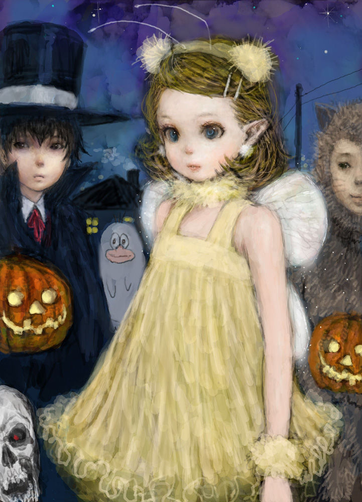 1girl 2boys blue_eyes brown_hair child dress fake_antennae fake_wings ghost hairclip halloween halloween_costume hat jack-o'-lantern multiple_boys night original outdoors parted_lips pointy_ears pon skull top_hat