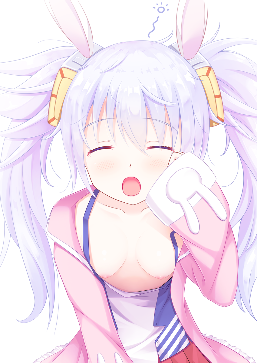 :o animal_ears azur_lane bangs blush breasts bunny_ears camisole closed_eyes collarbone commentary_request eyebrows_visible_through_hair facing_viewer hair_between_eyes hair_ornament highres jacket laffey_(azur_lane) long_hair long_sleeves open_clothes open_jacket open_mouth pink_jacket pleated_skirt red_skirt silver_hair simple_background skirt sleeves_past_wrists small_breasts solo tears twintails uroq very_long_hair white_background white_camisole yawning