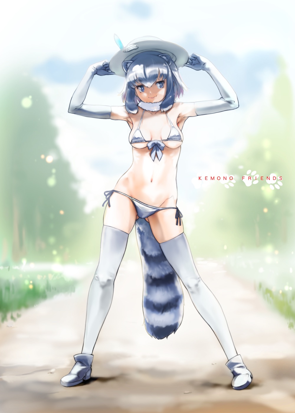 alternate_costume animal_ears armpits arms_up ass_visible_through_thighs bikini boots breasts chikuwa_(tks) commentary_request common_raccoon_(kemono_friends) copyright_name day extra_ears front-tie_bikini front-tie_top full_body fur_collar gloves grey_bikini grey_eyes grey_gloves grey_hair grey_legwear hat hat_feather helmet highres kemono_friends legs_apart medium_breasts multicolored_hair navel outdoors pith_helmet raccoon_ears raccoon_tail short_hair side-tie_bikini smile solo striped_tail swimsuit tail thighhighs