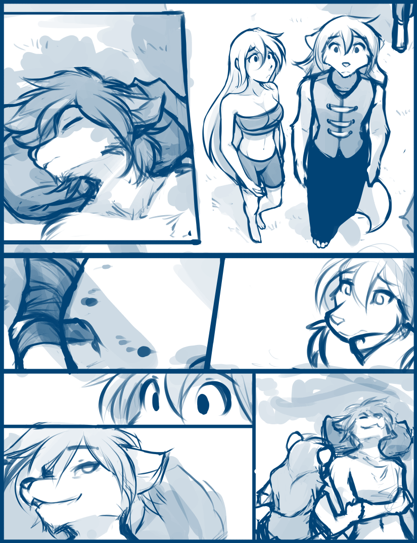2018 anthro bandage breasts canine chest_tuft clothed clothing comic female fur group hair human keidran long_hair looking_back male mammal monochrome natani raine_(twokinds) simple_background sketch tom_fischbach tree tuft twokinds webcomic white_background wolf zen_(twokinds)
