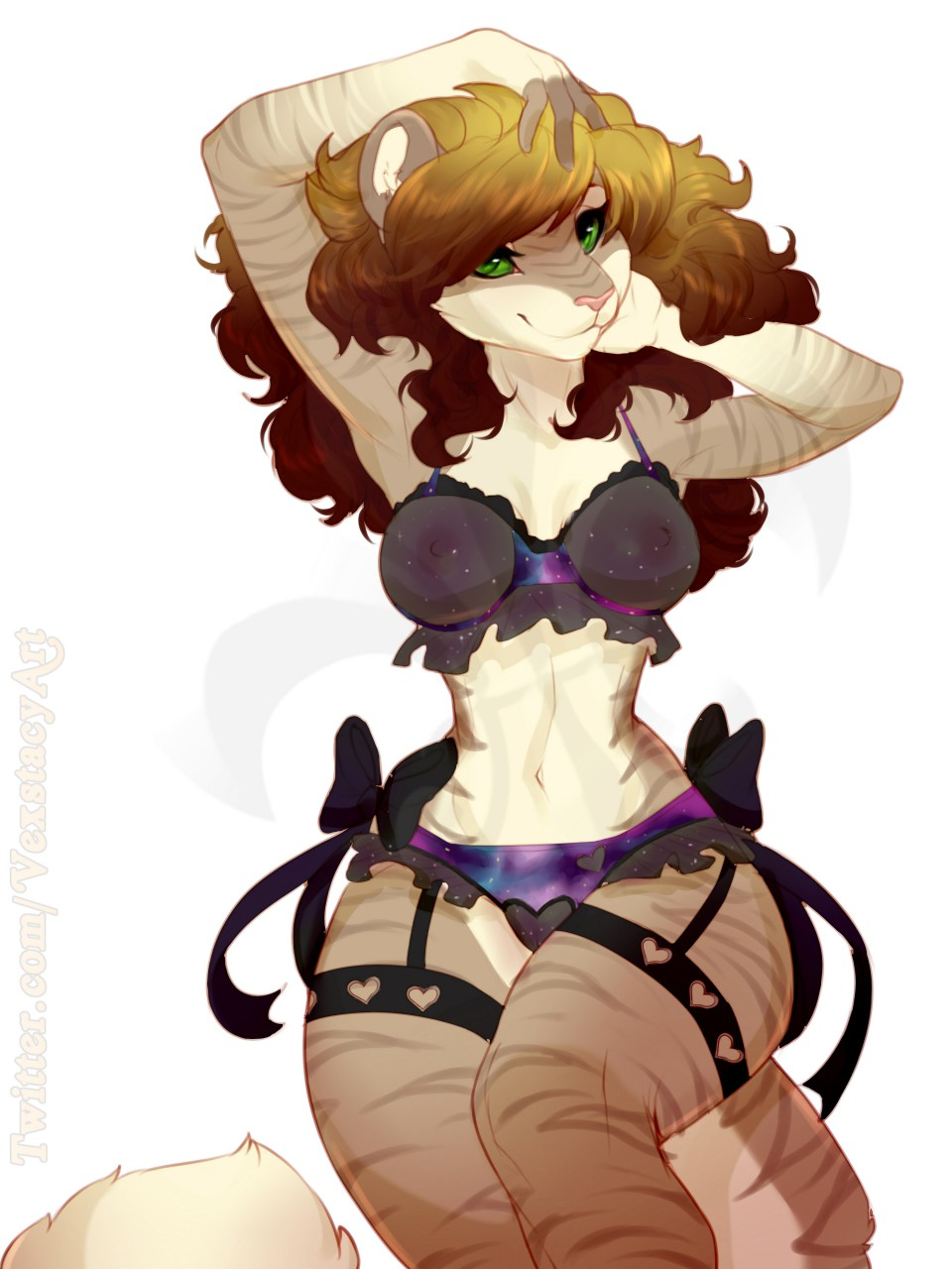 anthro breasts brown_hair cat clothing digital_drawing_(artwork) digital_media_(artwork) feline female green_eyes hair mammal nipples pussy simple_background smile solo translucent transparent_clothing vexstacy white_background