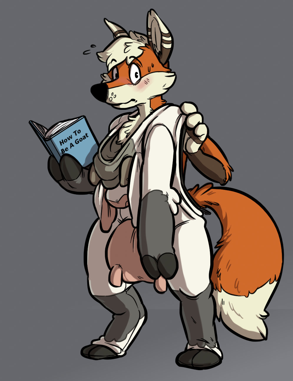 anthro black_nose book canine clothed clothing costume cubi digital_drawing_(artwork) digital_media_(artwork) embarrassed english_text fox fur furry_character_wearing_fursuit fursuit goat_costume grey_background hair hi_res leeden_(character) looking_at_viewer male mammal multicolored_fur orange_fur reading simple_background solo standing teats text udders white_fur white_hair