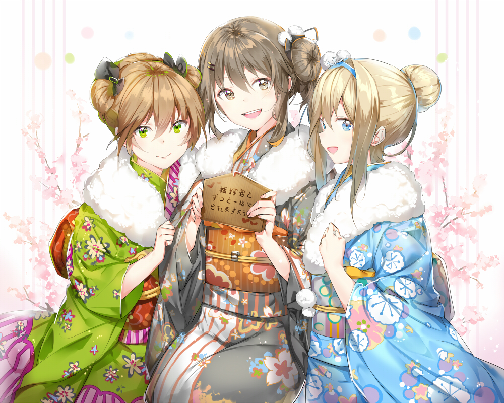 aliasing anthropomorphism aqua_eyes brown_eyes brown_hair daewoo_k2_(girls_frontline) girls_frontline green_eyes japanese_clothes kimono phino_(jinko0094) ponytail rfb_(girls_frontline) short_hair suomi_(girls_frontline) translation_request twintails