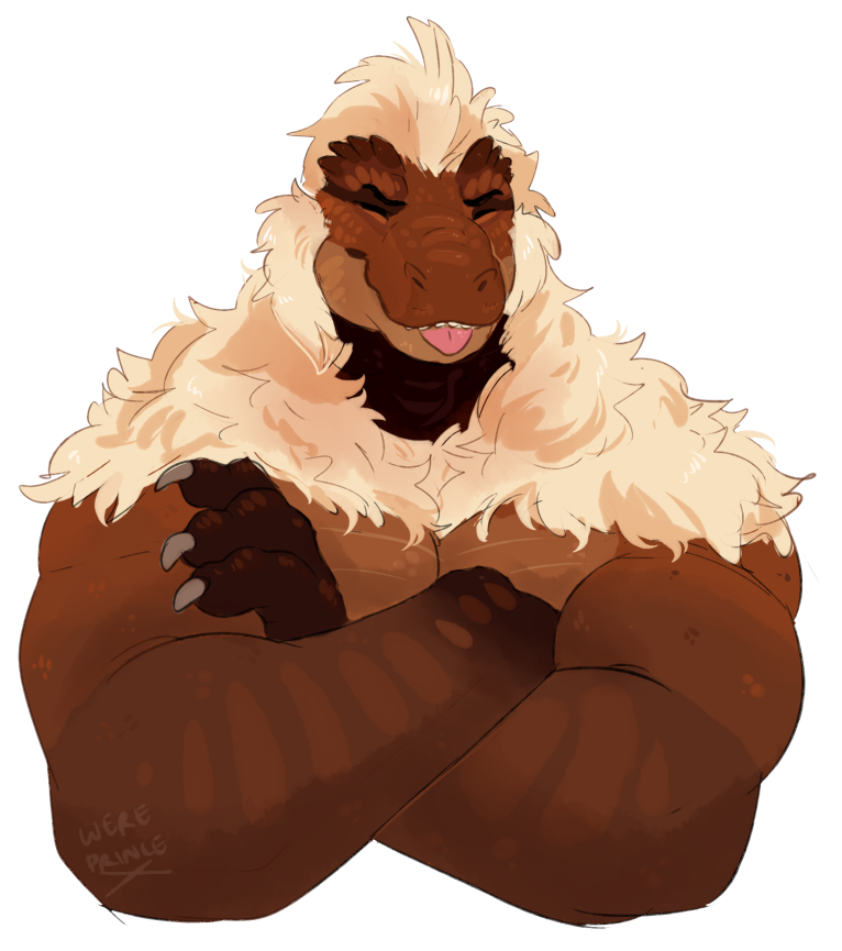 anthro biceps big_muscles big_pecs brown_skin claws crossed_arms dinosaur eyes_closed flexing fur hair lizard long_hair male mature_male muscular muscular_male pecs portrait reptile scalie smile solo teeth tongue tongue_out vance_(mili) video_games white_fur white_hair