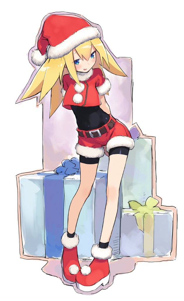 arms_behind_back belt bike_shorts bike_shorts_under_shorts blonde_hair blue_eyes blush box christmas female full_body fur_trim gift gift_box hair_between_eyes hat jiyu2 leaning_forward long_hair red_footwear red_shorts ribbon rockman rockman_dash roll_caskett santa_hat shoes short_shorts short_sleeves shorts solo