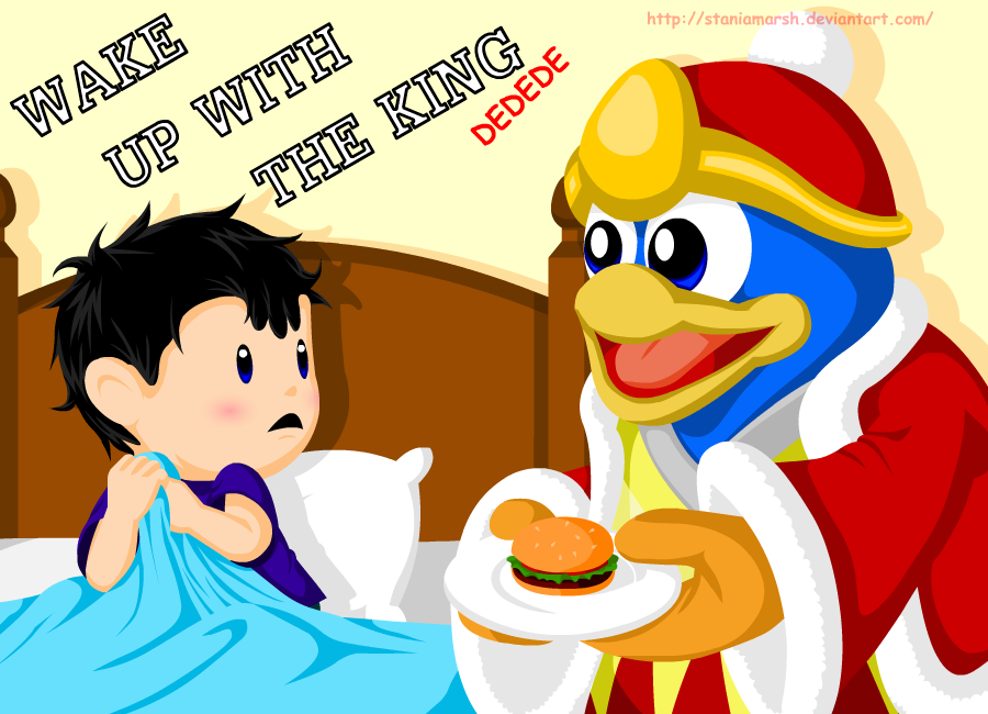 anthro avian bed bedroom bird black_hair blush clothing crossover duo earthbound_(series) english_text food gloves hair hat human king_dedede kirby_(series) male mammal ness nintendo parody pillow scared short_hair staniamarsh text video_games