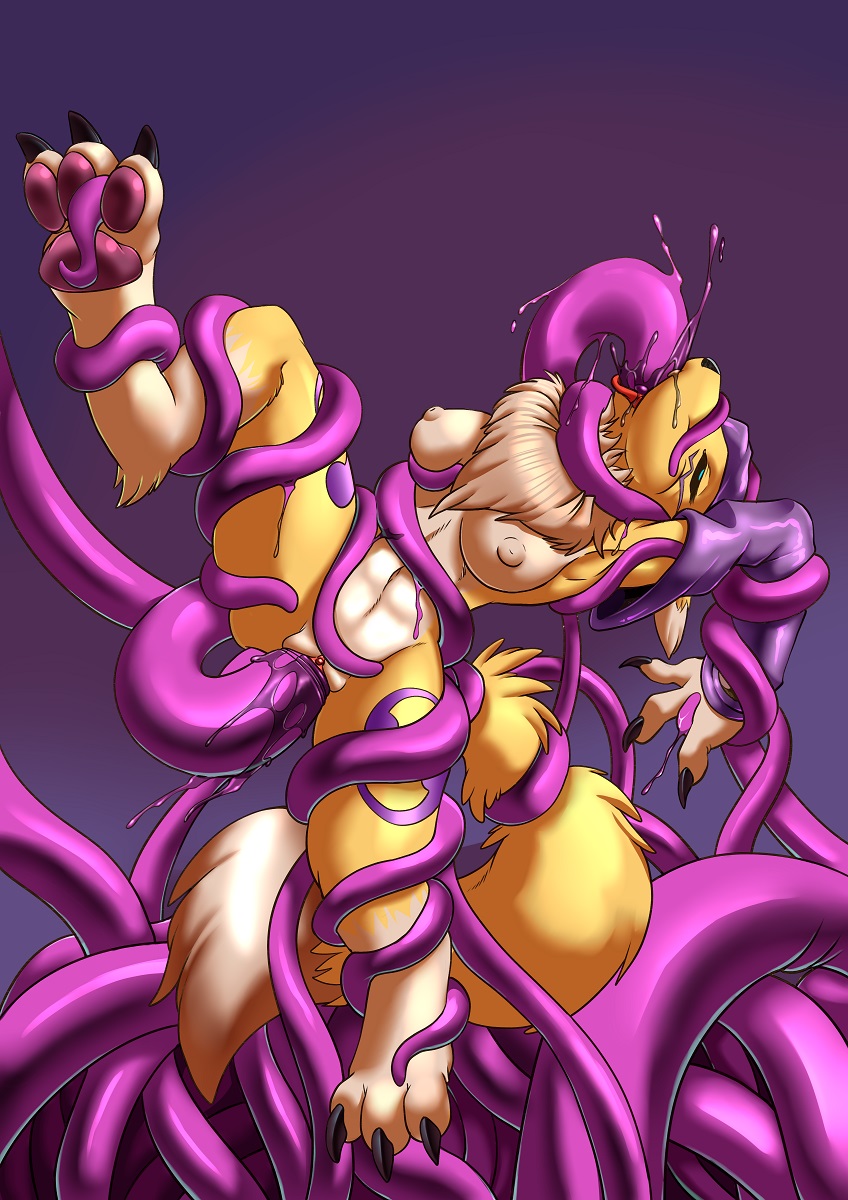 anthro bound breasts canine claws clothing cum digimon female fur kandlin mammal nipples oral paws penetration pussy renamon restrained simple_background solo tentacles tuft vaginal vaginal_penetration white_fur yellow_fur