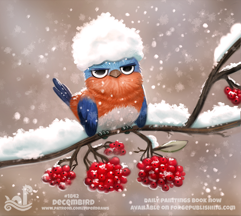 2018 annoyed avian berry bird blue_feathers bluebird cryptid-creations english_text feathers feral food fruit humor male orange_feathers pun snow solo text tree white_feathers