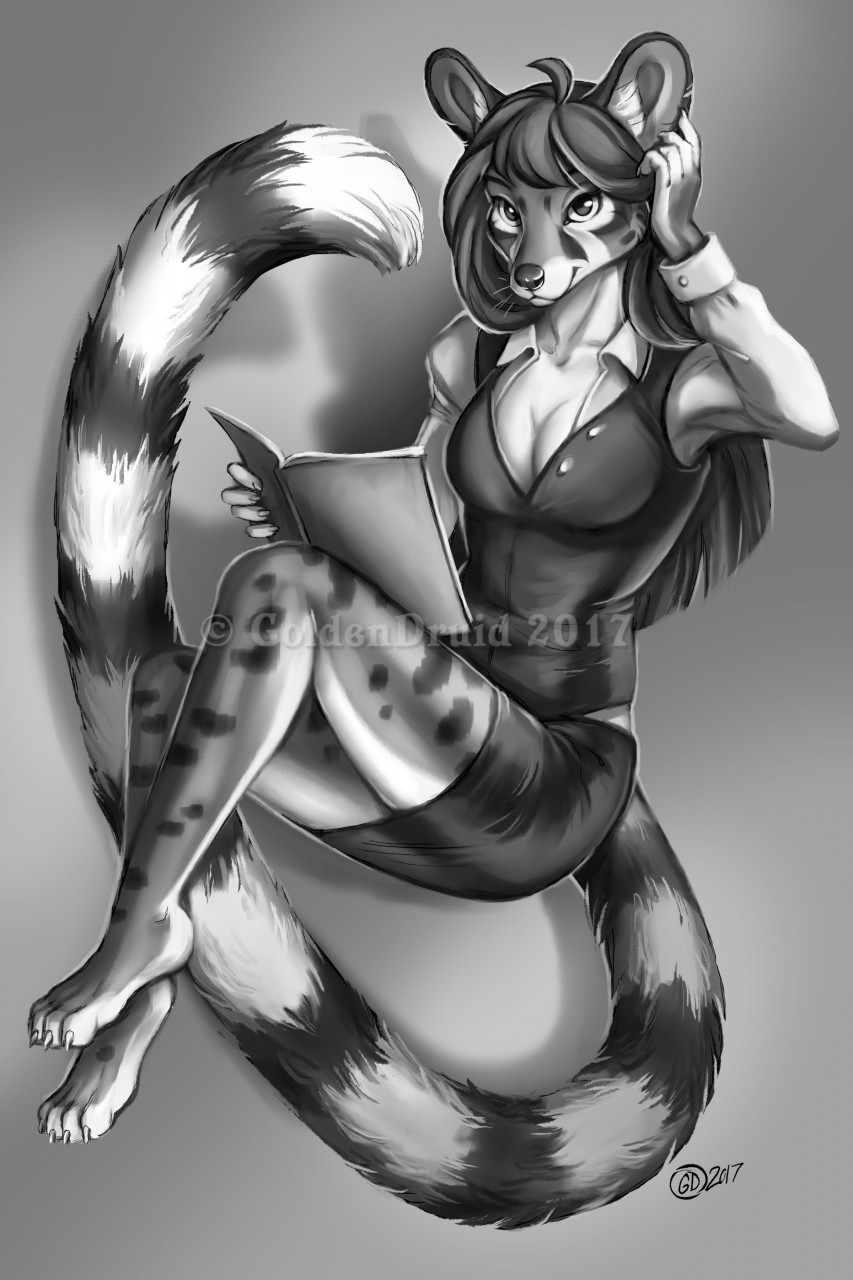 2017 4_toes 5_fingers barefoot black_hair black_nose book civet clothed clothing digital_media_(artwork) female goldendruid grey_background greyscale hair long_tail mammal monochrome primate simple_background smile solo spots stripes toes viverrid watermark