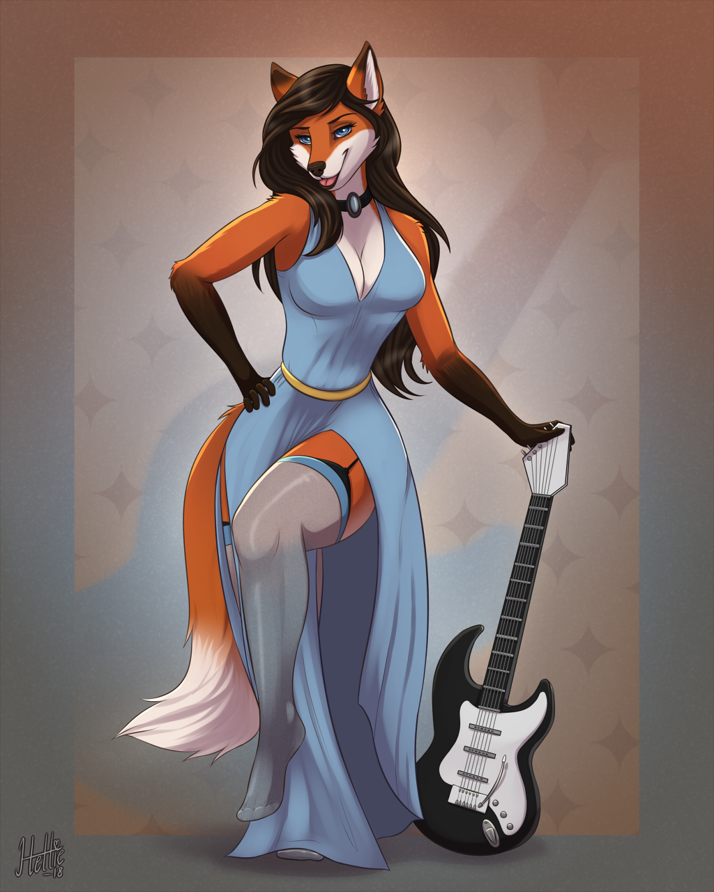 2018 anthro blue_eyes brown_background brown_fur brown_hair canine cassie_the_rock_vixen clothed clothing collar dress female fox fully_clothed fur gloves_(marking) guitar hair hand_on_hip hettie legwear lingerie mammal markings multicolored_fur musical_instrument orange_fur plantigrade pose simple_background smile socks_(marking) solo standing stockings two_tone_fur white_fur