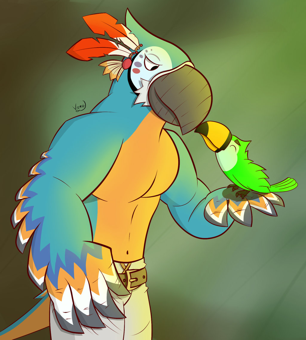 2018 4_fingers ambiguous_gender anthro avian beak belt bird black_beak blue_feathers breath_of_the_wild clothed clothing digital_media_(artwork) duo eyes_closed feathers feral green_feathers happy kass_(zelda) male markings nintendo pants red_feathers rito the_legend_of_zelda topless toucan video_games virdemis white_feathers yellow_beak yellow_feathers