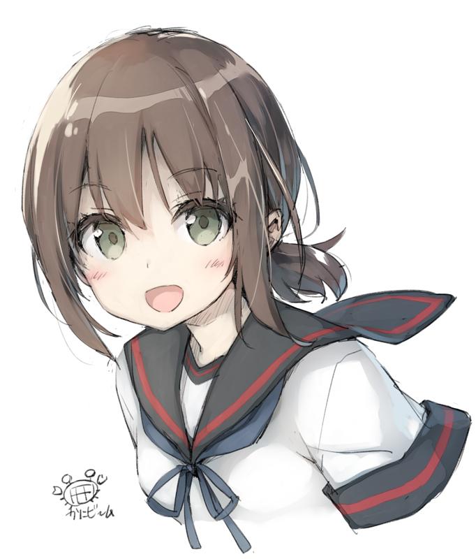 :d bangs black_sailor_collar blue_neckwear blue_ribbon blush brown_hair commentary_request eyebrows_visible_through_hair fubuki_(kantai_collection) green_eyes kantai_collection looking_at_viewer neck_ribbon open_mouth peko ponytail remodel_(kantai_collection) ribbon sailor_collar school_uniform serafuku short_hair short_sleeves signature simple_background smile solo upper_body white_background