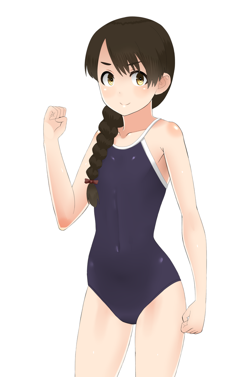 30-06 black_swimsuit braid brown_eyes brown_hair clenched_hand competition_school_swimsuit contrapposto covered_navel cowboy_shot hair_over_shoulder highres kantai_collection long_hair looking_at_viewer one-piece_swimsuit school_swimsuit simple_background single_braid smile solo standing swimsuit uranami_(kantai_collection) white_background