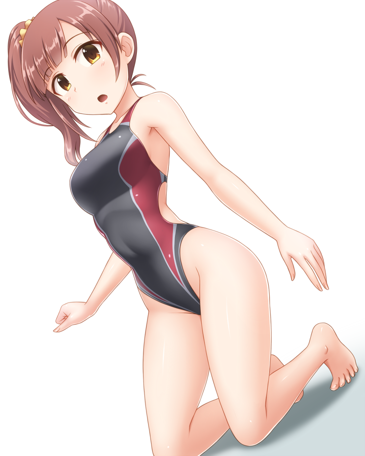 barefoot black_swimsuit brown_eyes brown_hair competition_swimsuit dutch_angle full_body highleg highleg_swimsuit idolmaster idolmaster_cinderella_girls igarashi_kyouko kneeling long_hair looking_at_viewer one-piece_swimsuit open_mouth pataniito side_ponytail simple_background solo swimsuit white_background